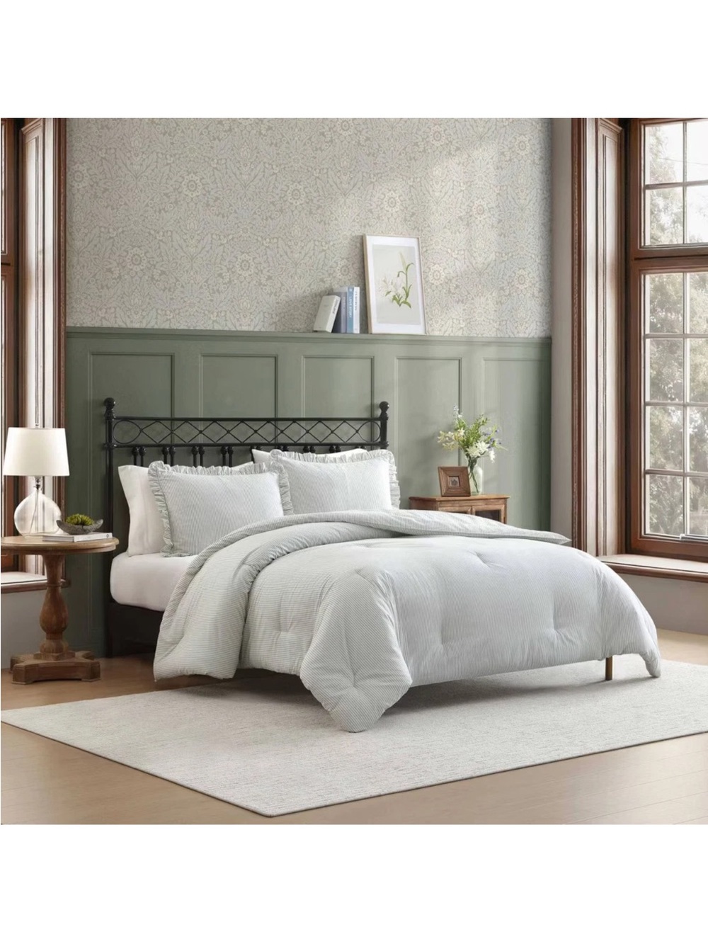 Laura Ashley Oxford Stripe Green Twin Comforter Set 100% Cotton NWT